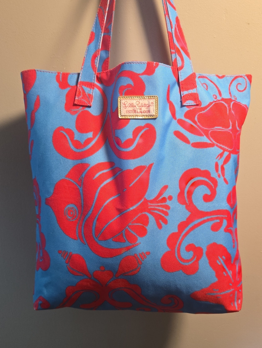 Lilly Pulitzer Estee Lauder Blue Tote with Red Floral Print